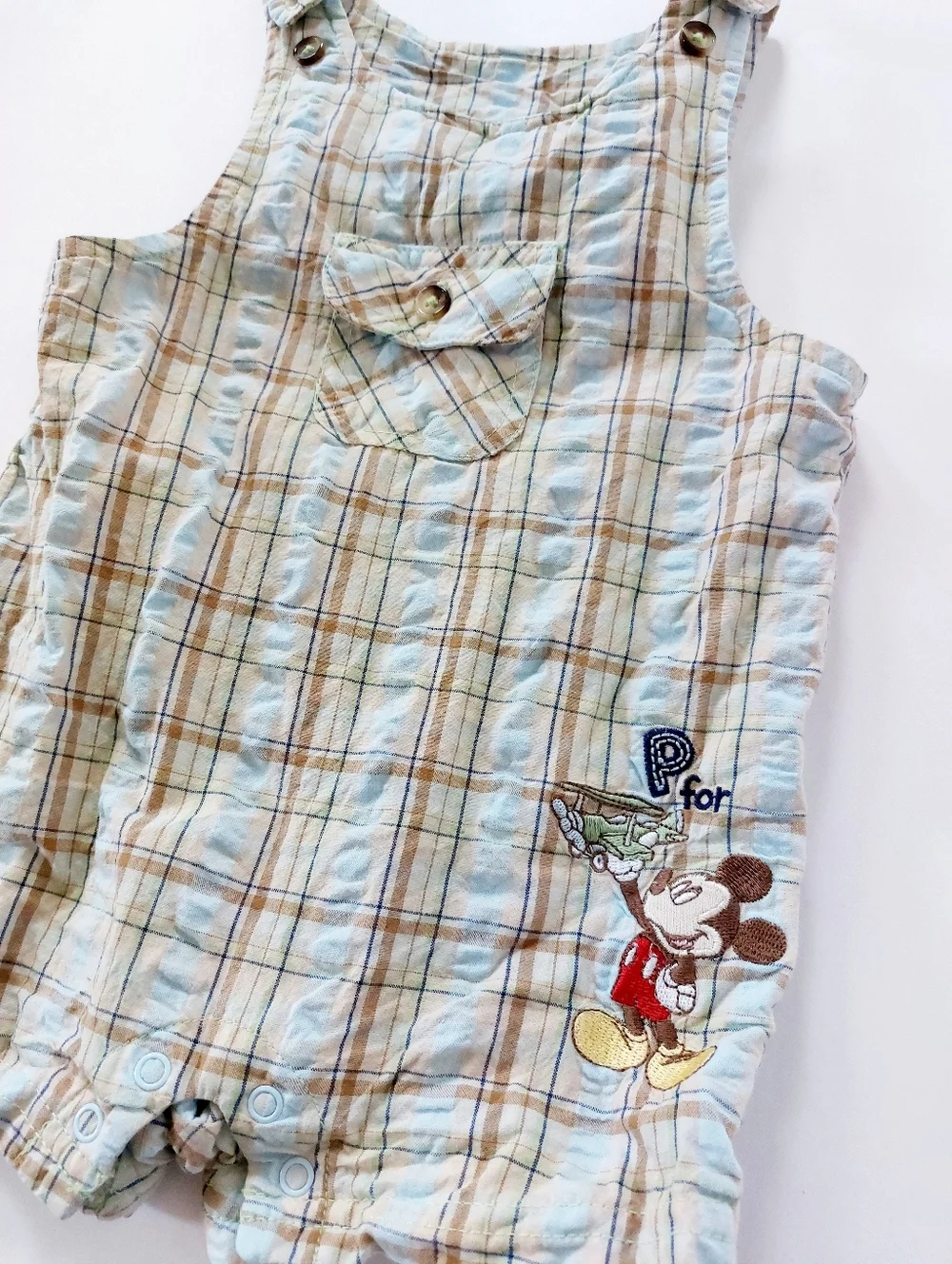 90s Plaid Mickey Mouse P for Plane Shorts Overalls 3-6m Disney Cottagecore Airpl